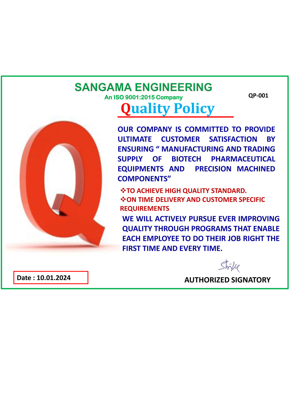 Sangama Engineering Quality Policy Certificate